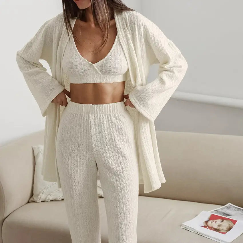 Long Sleeve Knitted Thermal Pajamas Loose Trousers Underwear Three-piece Set - Beige / S