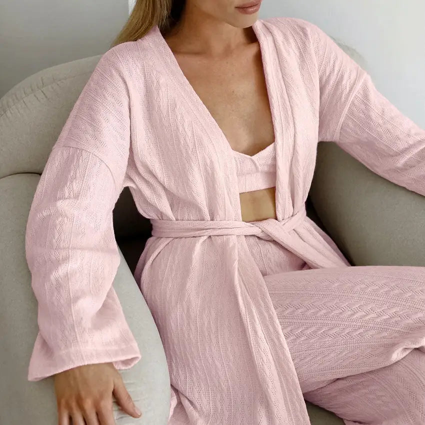 Long Sleeve Knitted Thermal Pajamas Loose Trousers Underwear Three-piece Set - Pink / S