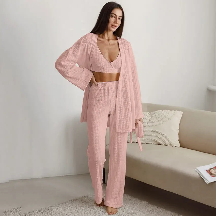 Long Sleeve Knitted Thermal Pajamas Loose Trousers Underwear Three-piece Set - Dark Pink / S