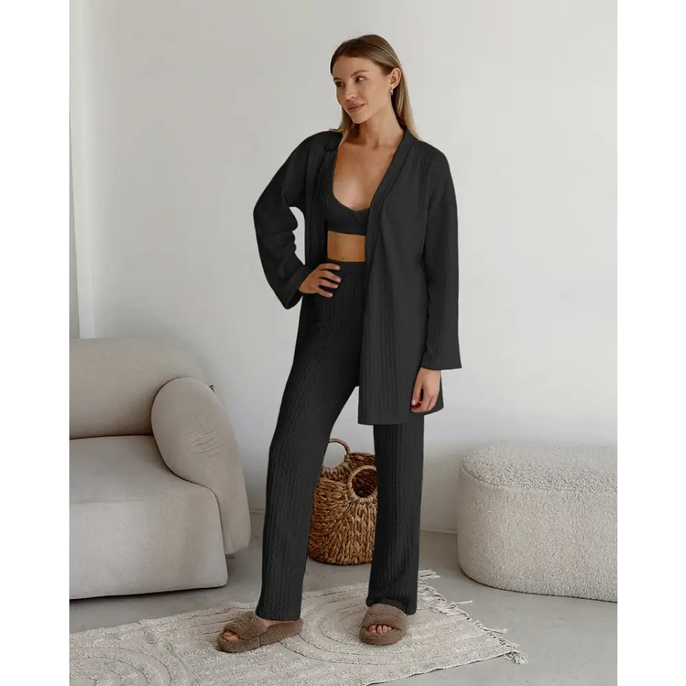 Long Sleeve Knitted Thermal Pajamas Loose Trousers Underwear Three-piece Set