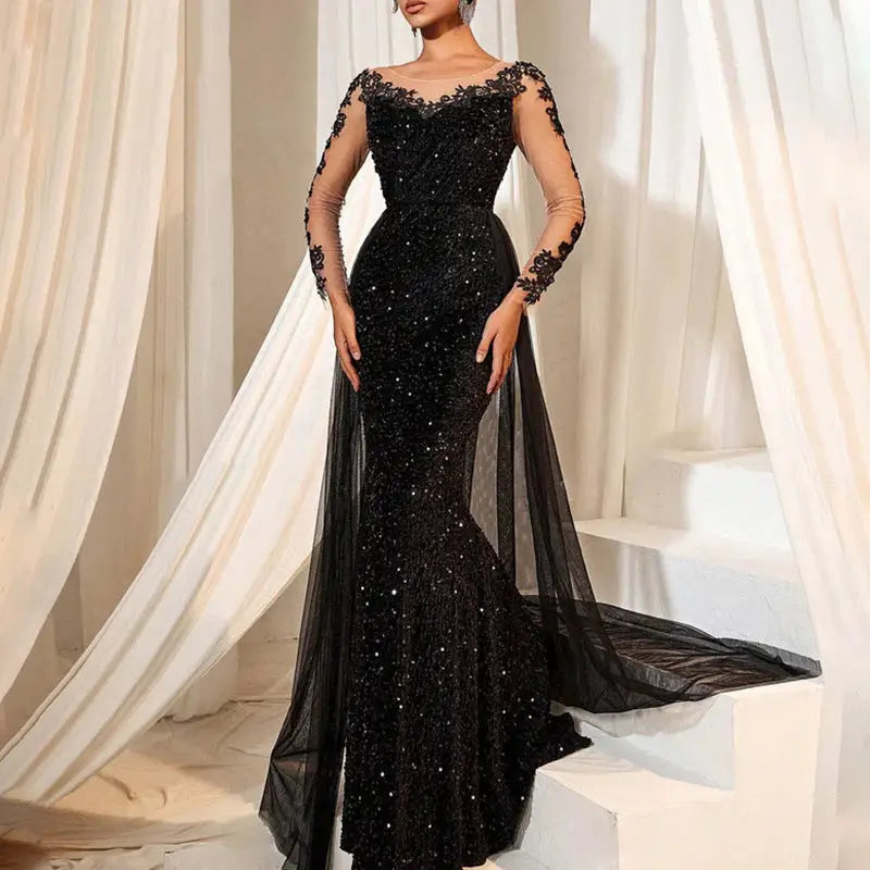 Long Sleeve Polyester Maxi Skirt Dress for Women - Black / S
