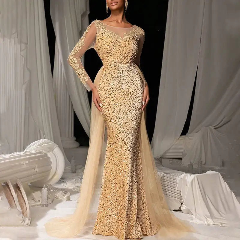 Long Sleeve Polyester Maxi Skirt Dress for Women - Gold / S