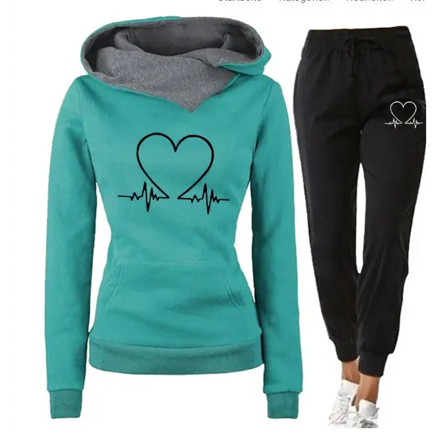 Love Heart Hoodie & Pants Set - Green / S