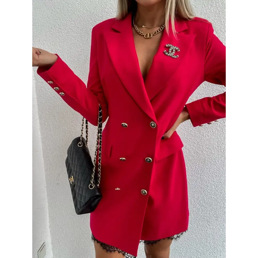 Luxe Lace Double-Breasted Midi Suit Dress - Red / M - 4