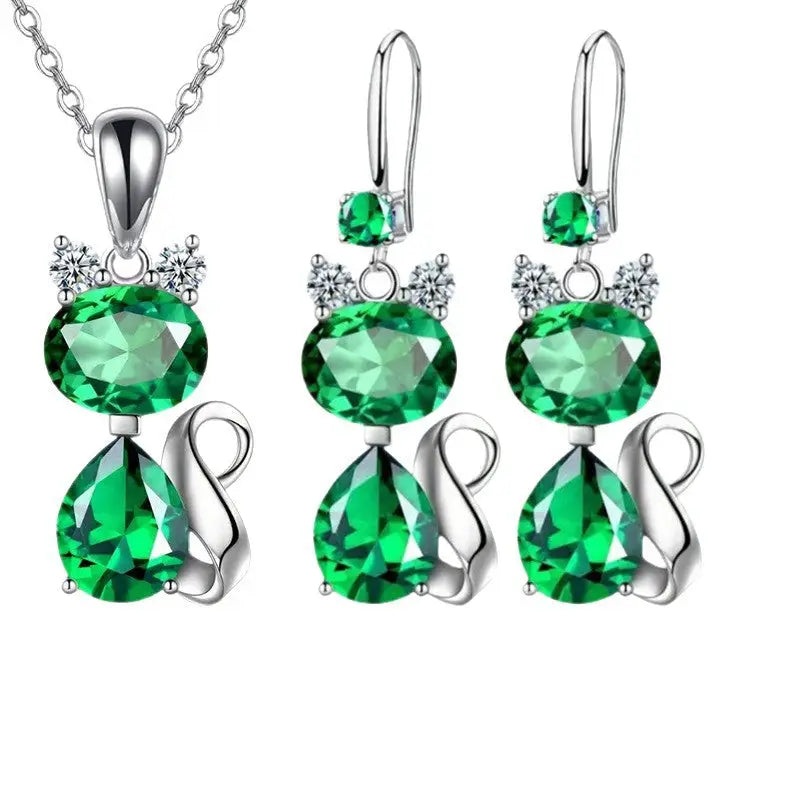 Luxe Shine: Cat Pendant Necklace & Earring Set