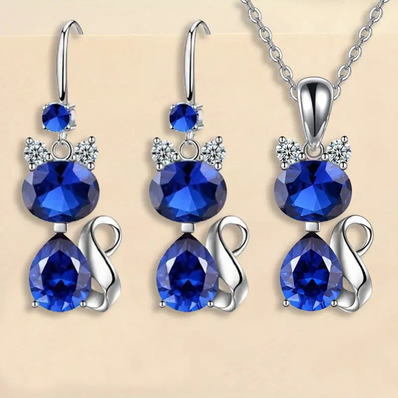 Luxe Shine: Cat Pendant Necklace & Earring Set - Blue Earrings Necklace