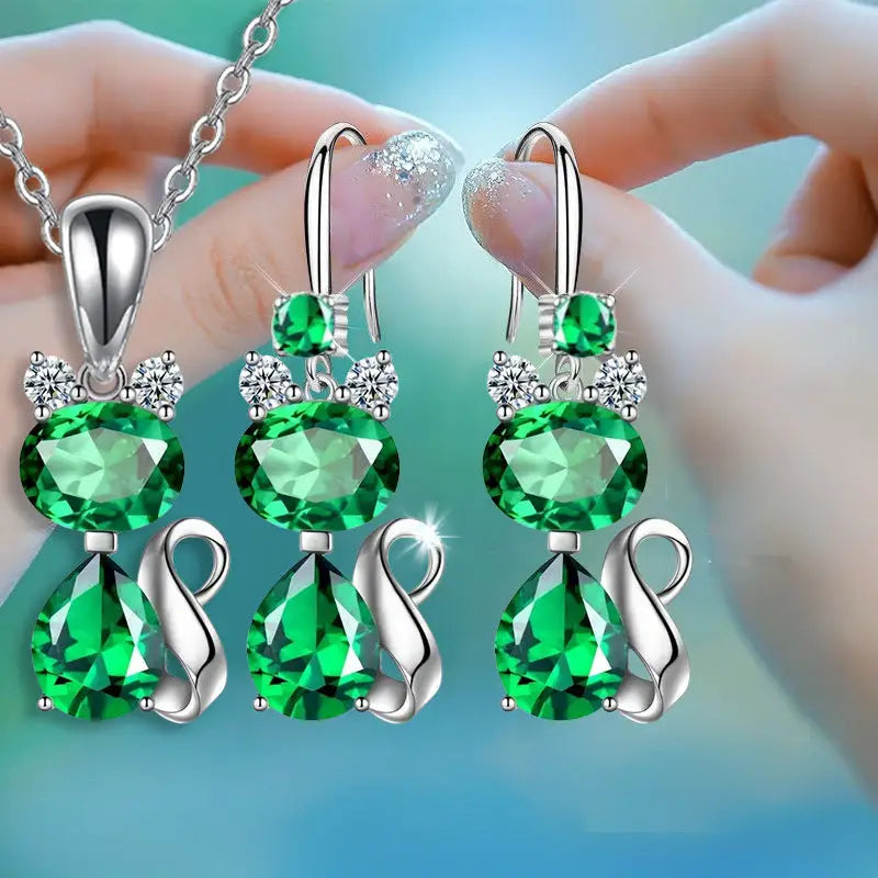 Luxe Shine: Cat Pendant Necklace & Earring Set - Green Earrings Necklace