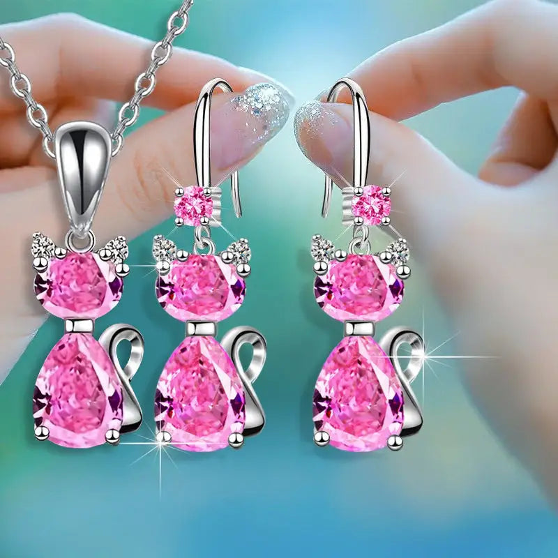 Luxe Shine: Cat Pendant Necklace & Earring Set - Pink Earrings Necklace