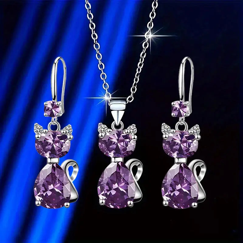 Luxe Shine: Cat Pendant Necklace & Earring Set - Purple Earrings Necklace