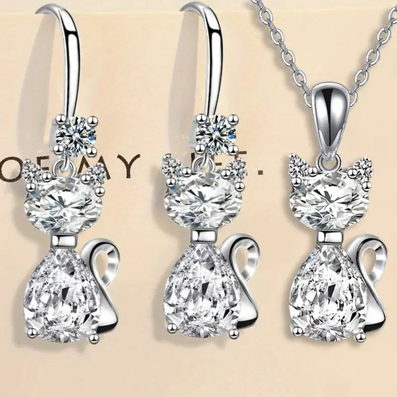 Luxe Shine: Cat Pendant Necklace & Earring Set - White Earrings Necklace