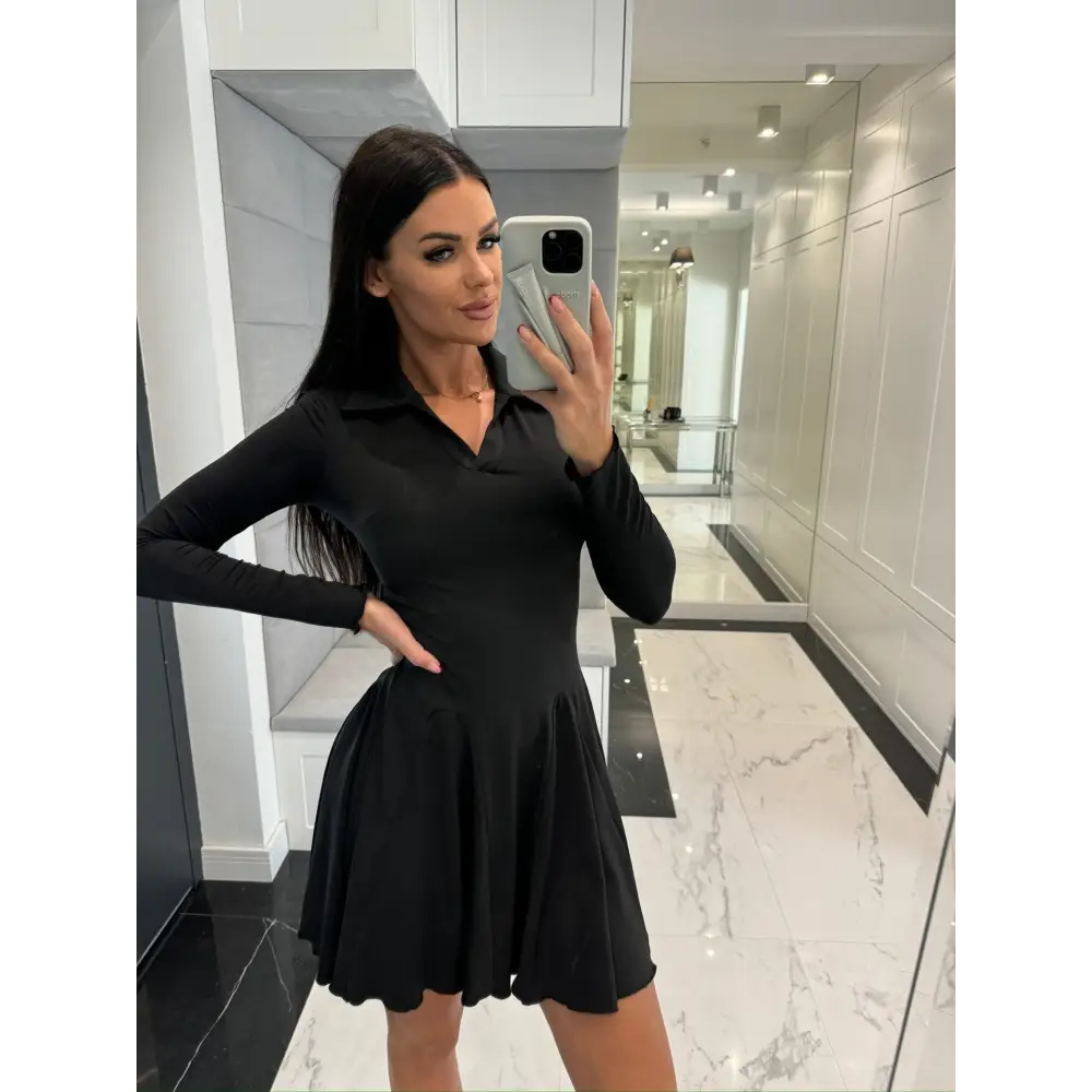 LuxeLap: Solid Long Sleeve Dress - Black / S