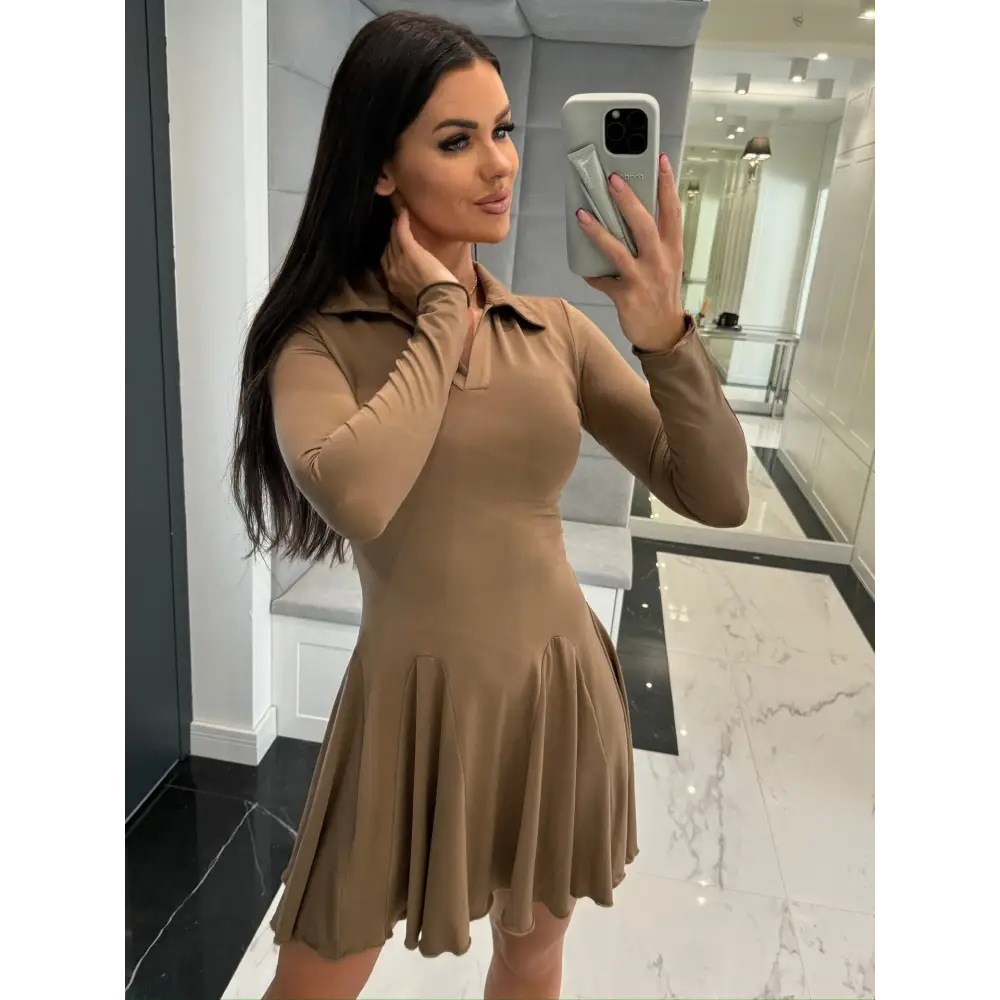 LuxeLap: Solid Long Sleeve Dress - Brown / S