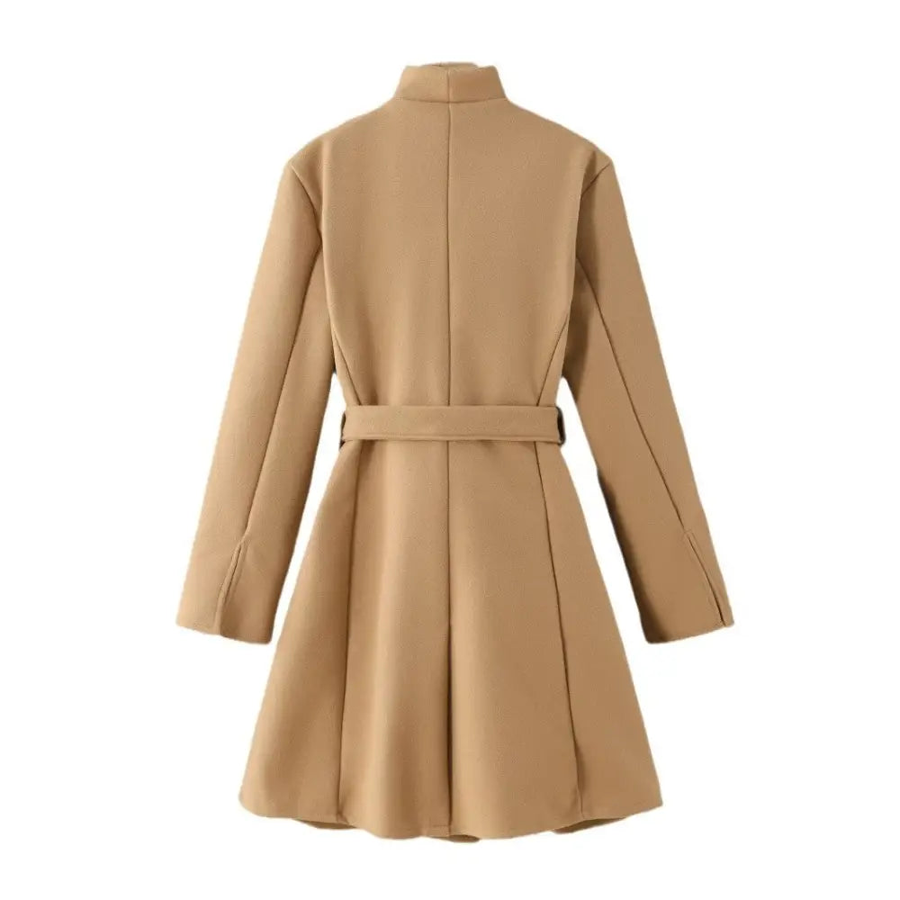 Tan belted coat.