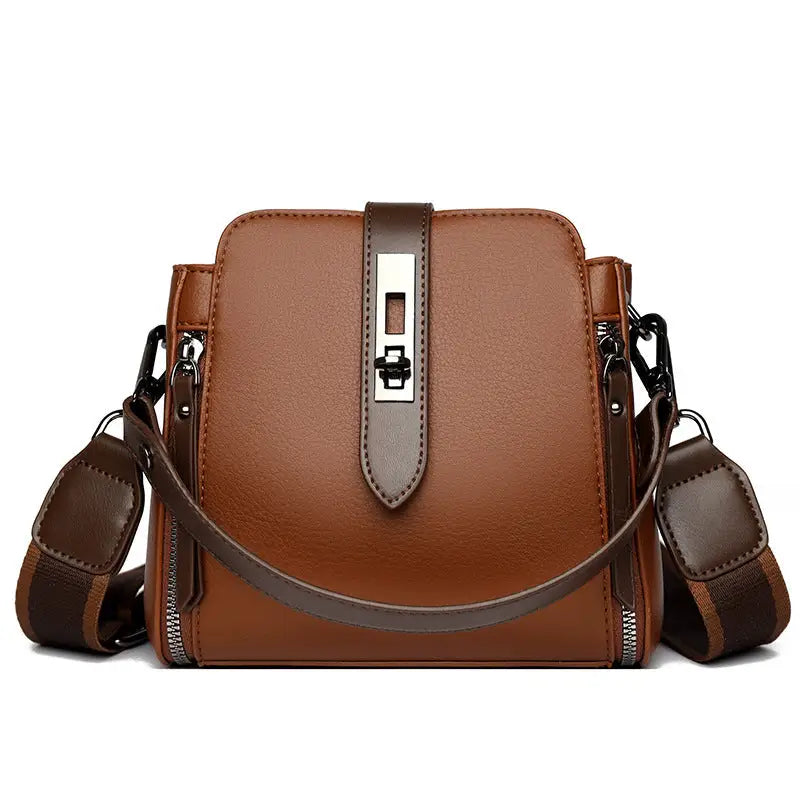 Medium Crossbody PU Bag with Open Pocket and Polyester Lining - Caramel Color