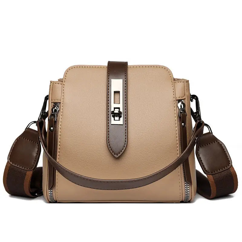 Medium Crossbody PU Bag with Open Pocket and Polyester Lining - Khaki