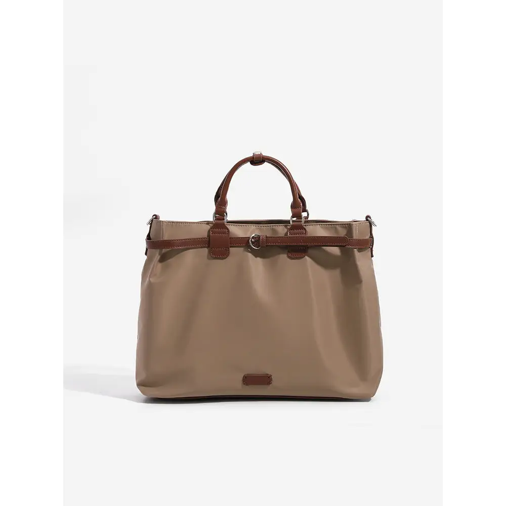 Medium Nylon Tote Bag with Open Pocket in Multiple Colors - Khaki / 35X11X28cm