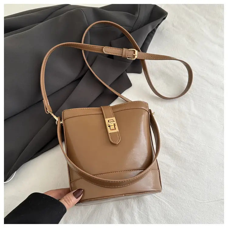 Medium PU Bucket Bag with Single Shoulder Strap in Multiple Colors - Khaki