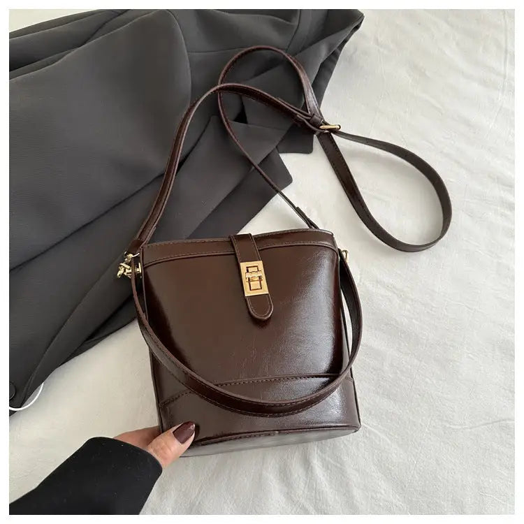 Medium PU Bucket Bag with Single Shoulder Strap in Multiple Colors - Brown