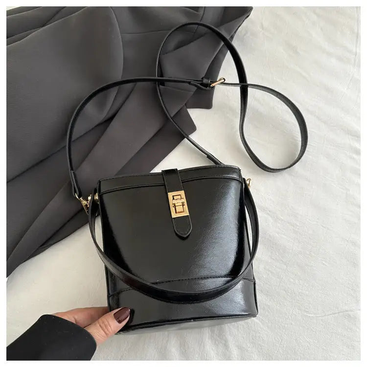 Medium PU Bucket Bag with Single Shoulder Strap in Multiple Colors - Black