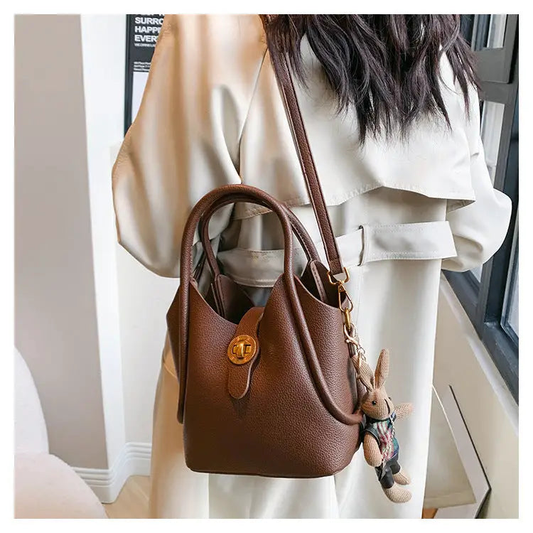 Medium PU Bucket Bag with Stitching and Multiple Pockets