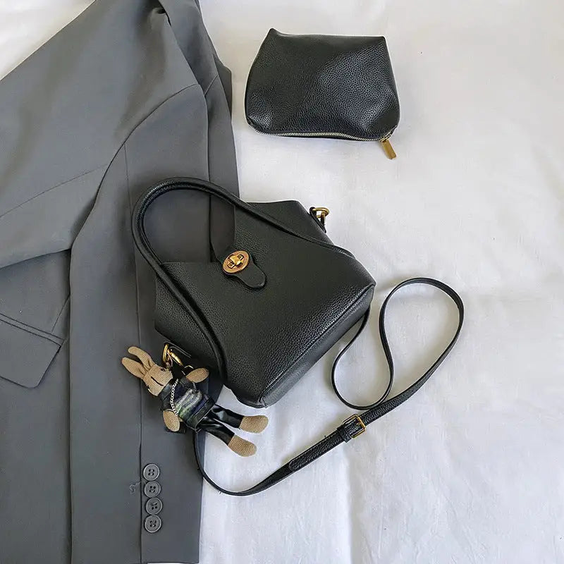 Medium PU Bucket Bag with Stitching and Multiple Pockets - Black