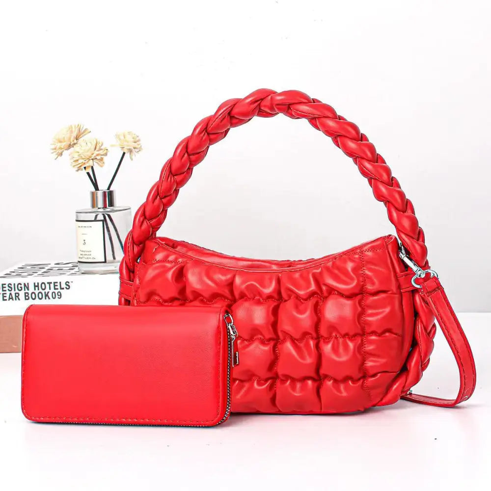 Medium PU Bucket Suitcase Bag with Internal Zipper and Multiple Compartments - Red / Length 24 Width 7 Height 14
