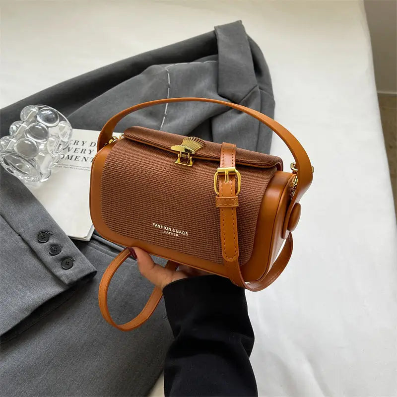 Medium PU Contrast Color Suitcase with Lock and Single Shoulder Strap - Brown