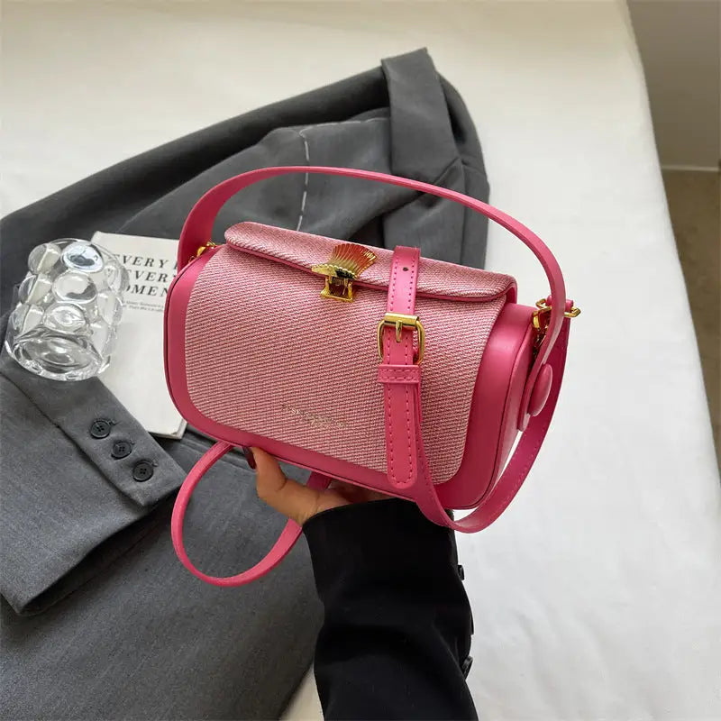 Medium PU Contrast Color Suitcase with Lock and Single Shoulder Strap - Rose Pink