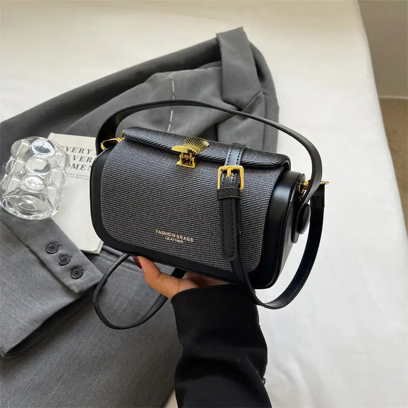Medium PU Contrast Color Suitcase with Lock and Single Shoulder Strap - Black