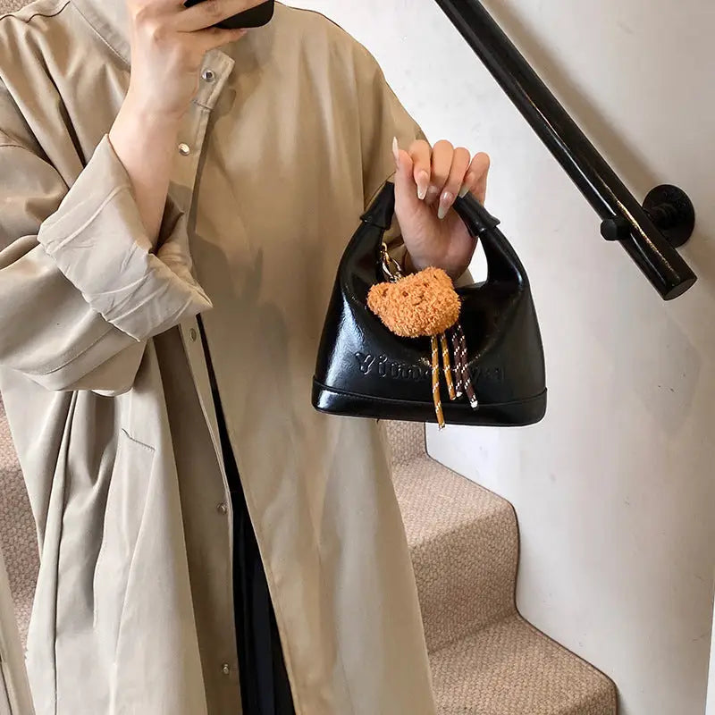Medium PU Dumpling Shape Handbag with Sandwich Pocket - Black / 20x9.5x20cm