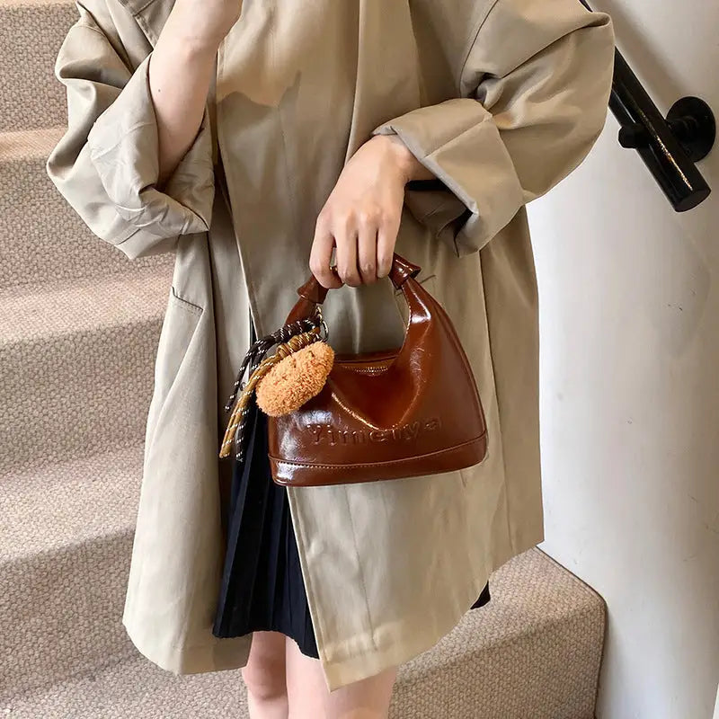 Medium PU Dumpling Shape Handbag with Sandwich Pocket - Brown / 20x9.5x20cm