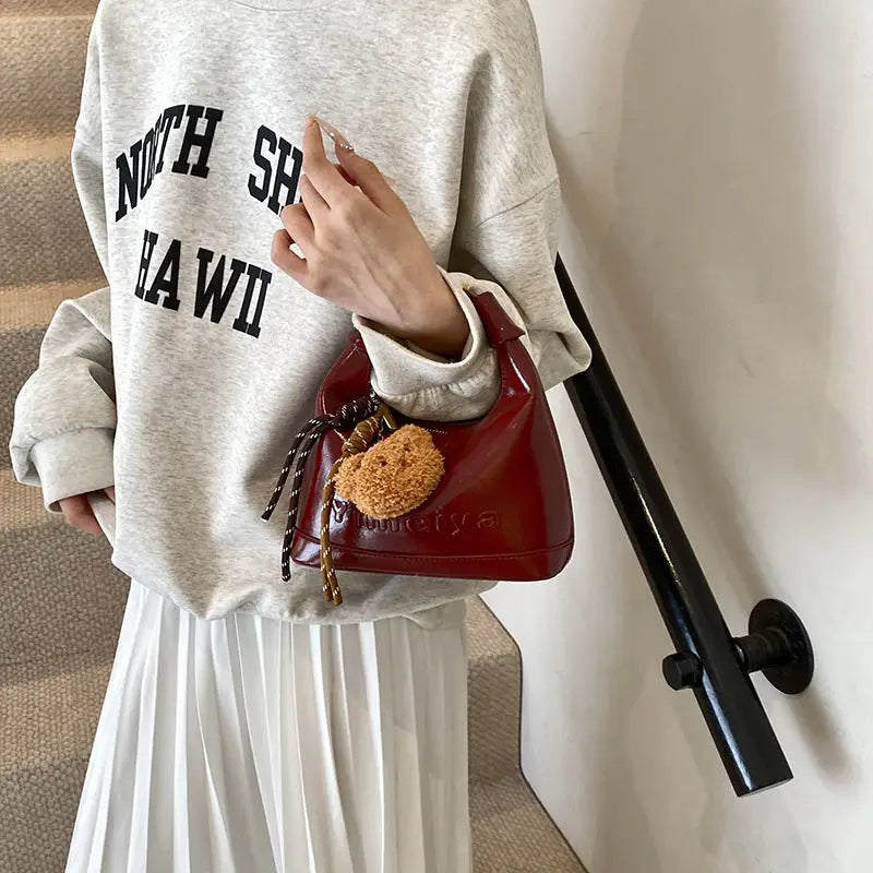 Medium PU Dumpling Shape Handbag with Sandwich Pocket - Red / 20x9.5x20cm