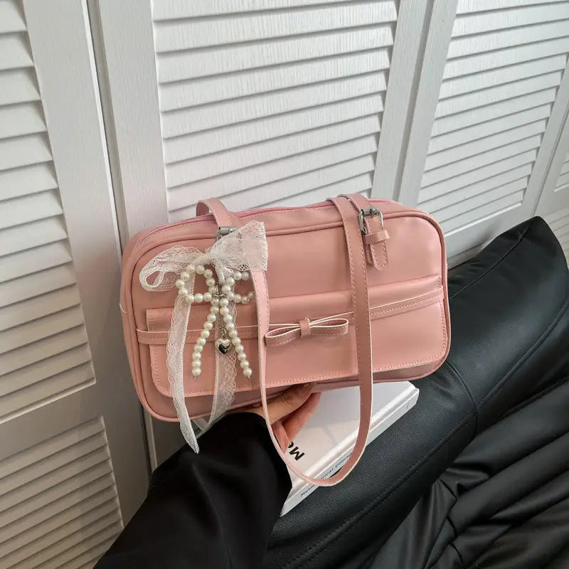 Medium PU Flap Bag with Silk Scarf and Pearl Bow Ornaments - Pink / Single Bag