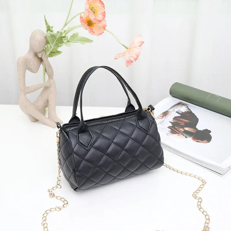 Medium PU Handbag with Plaid and Rhombus Pattern - Black