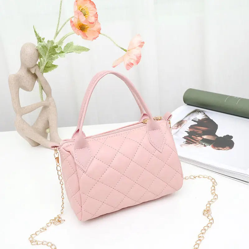 Medium PU Handbag with Plaid and Rhombus Pattern - Pink