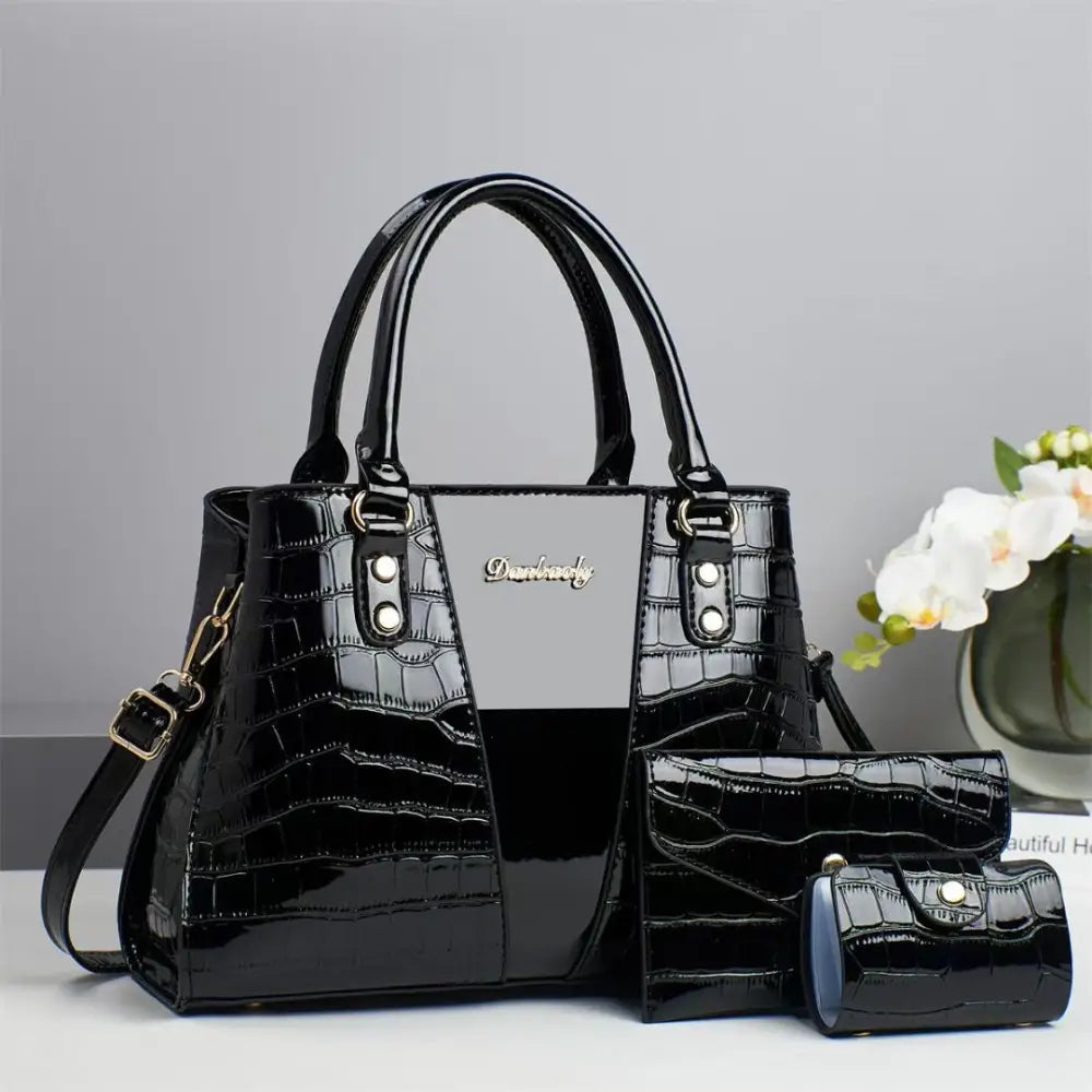 Medium PU Handbag with Sandwich Pocket in Multiple Colors - Black / 31x13x22cm