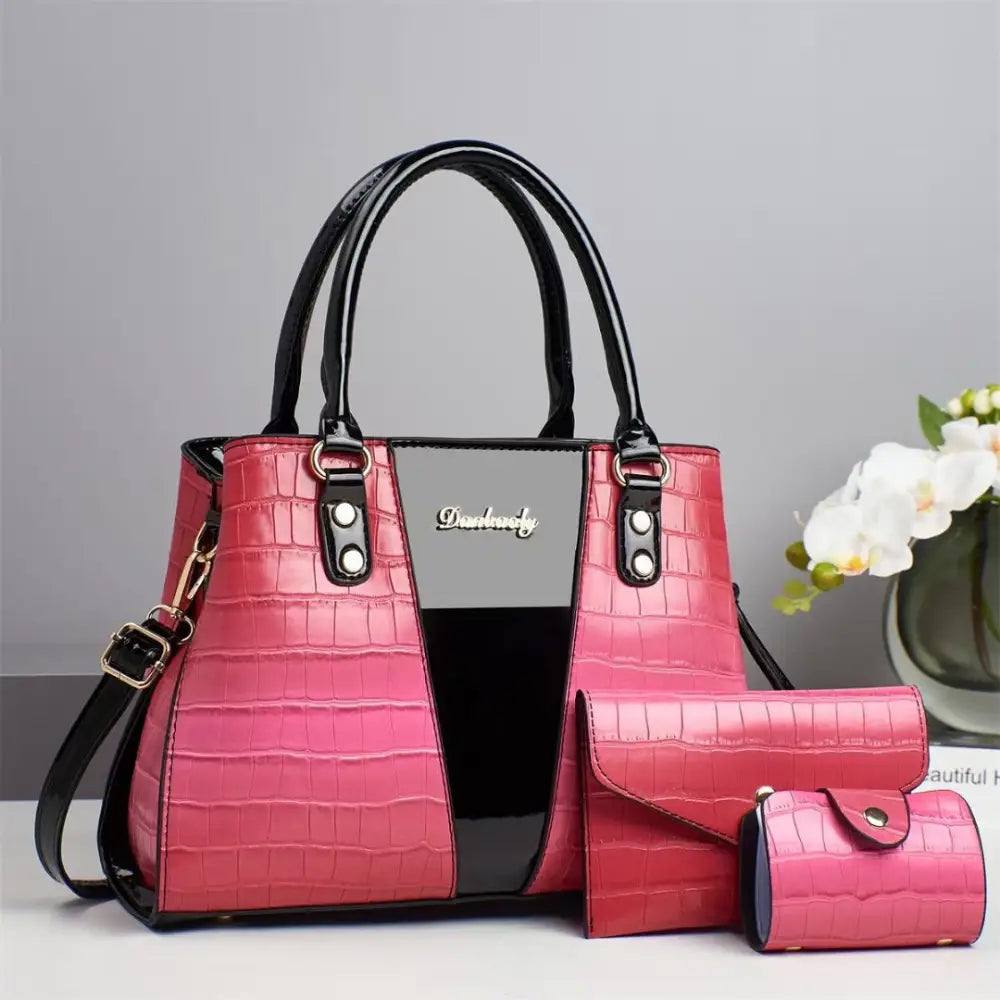 Medium PU Handbag with Sandwich Pocket in Multiple Colors - Pink / 31x13x22cm