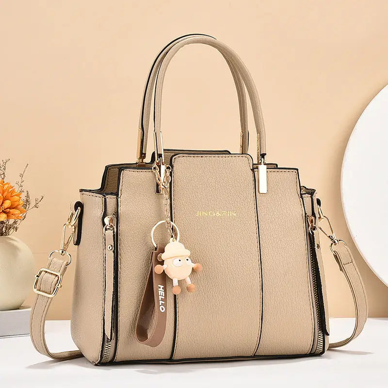 Medium PU Horizontal Square Bag with Sandwich Zipper Pocket - Khaki