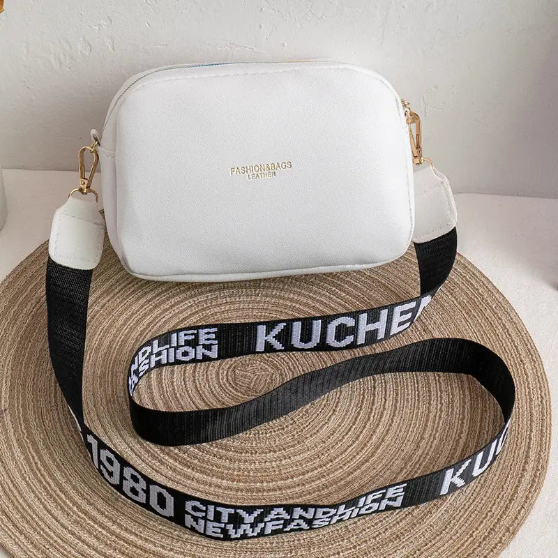 Medium PU Horizontal Square Bag with Three-Dimensional Pocket - English Pattern White