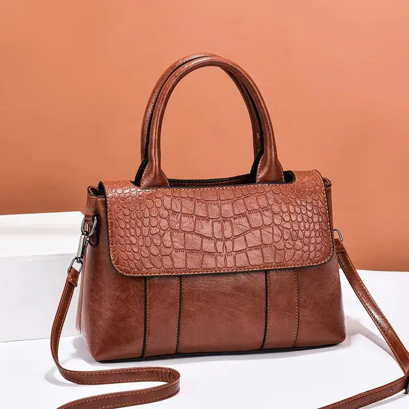 Medium PU Horizontal Square Handbag with Outer Slit Pocket - Caramel / 25X11X17CM