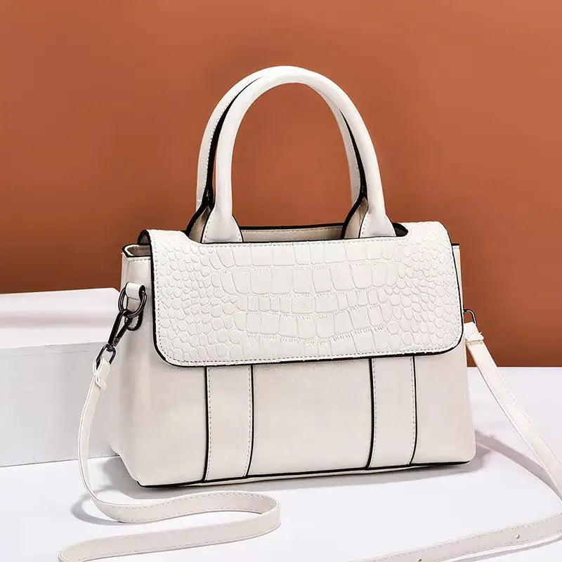 Medium PU Horizontal Square Handbag with Outer Slit Pocket - White / 25X11X17CM