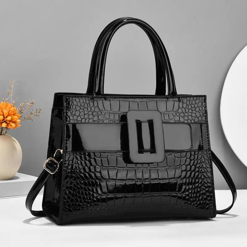 Medium PU Leather Handbag with Outer Bag and Sandwich Pocket for Ladies - Black / 28x11x21cm