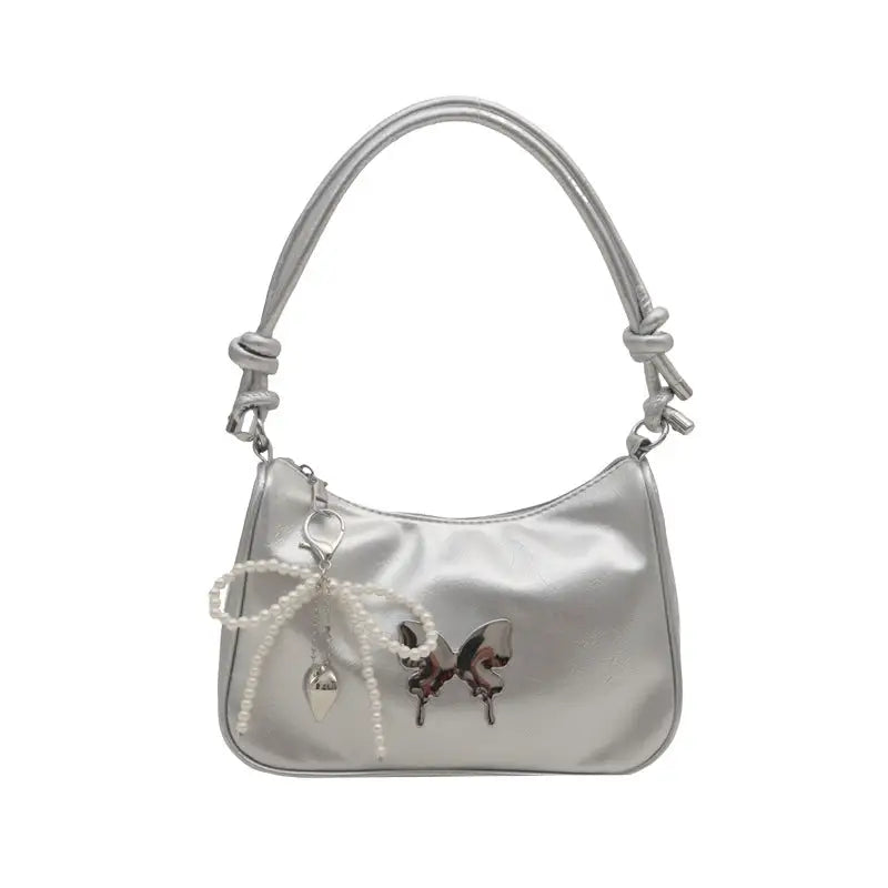 Medium PU Shoulder Bag with Sandwich Pocket and Mobile Phone Holder - Silver