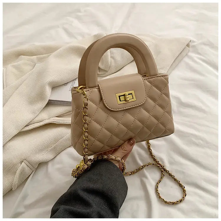 Medium PU Square Handbag with Three-Dimensional Outer Pocket - Khaki