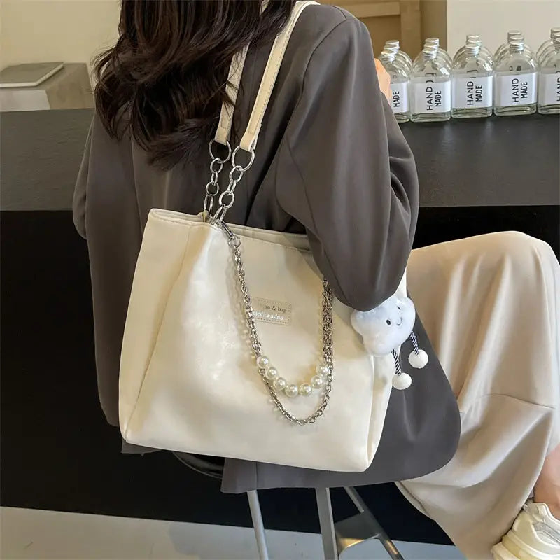 Medium PU Suitcase Style Square Bag with Internal Zipper and Hanging Piece - White with Pendant