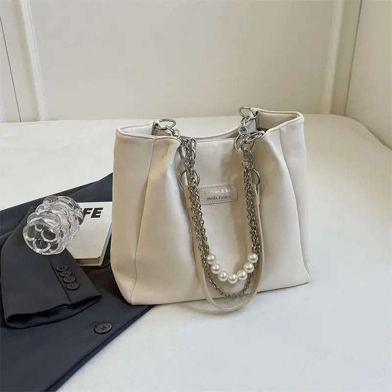 Medium PU Suitcase Style Square Bag with Internal Zipper and Hanging Piece - White