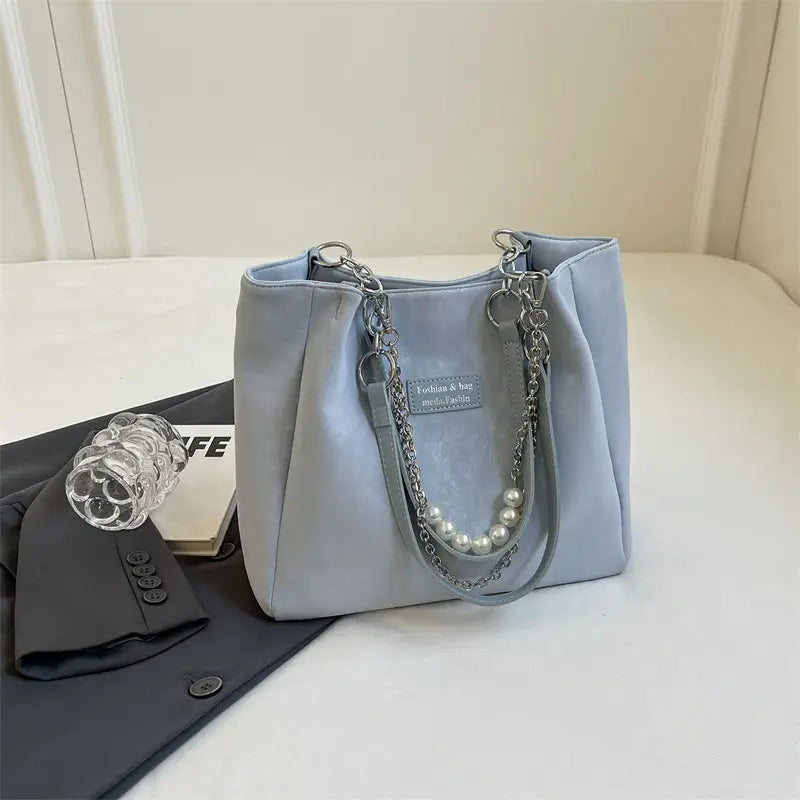 Medium PU Suitcase Style Square Bag with Internal Zipper and Hanging Piece - Blue
