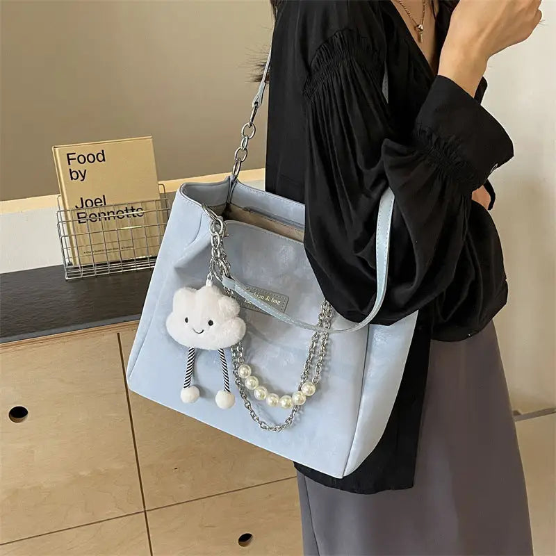 Medium PU Suitcase Style Square Bag with Internal Zipper and Hanging Piece - Blue With Pendant