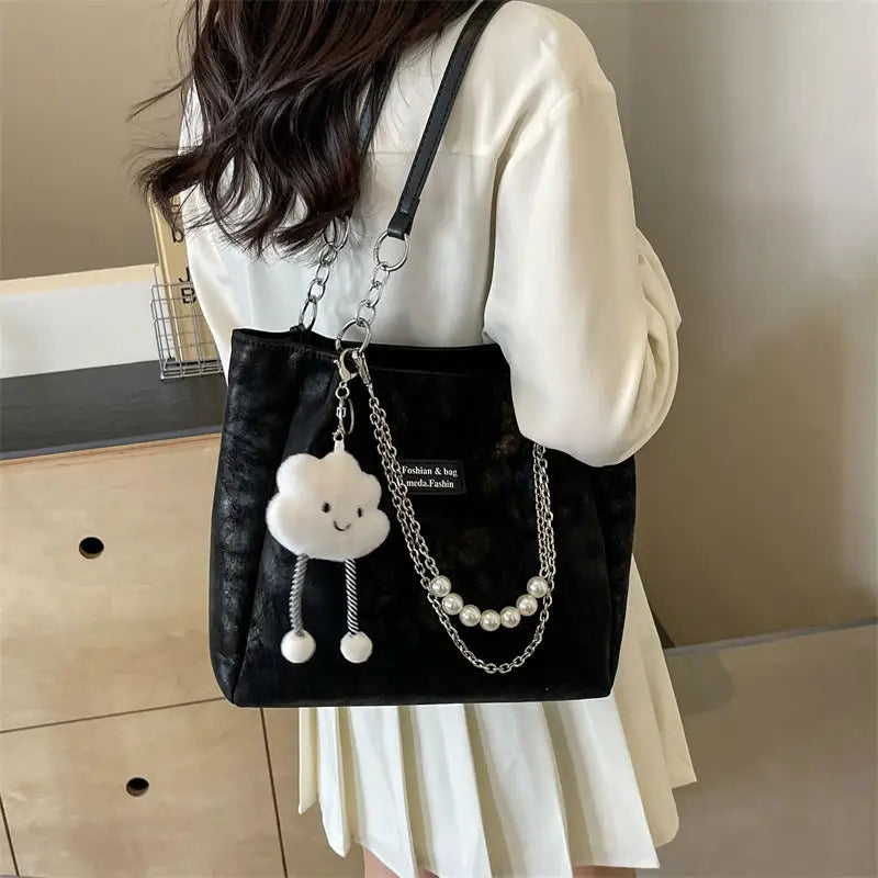 Medium PU Suitcase Style Square Bag with Internal Zipper and Hanging Piece - Black with Pendant
