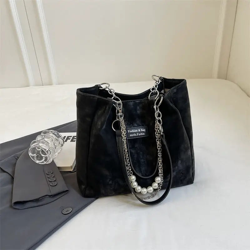 Medium PU Suitcase Style Square Bag with Internal Zipper and Hanging Piece - Black